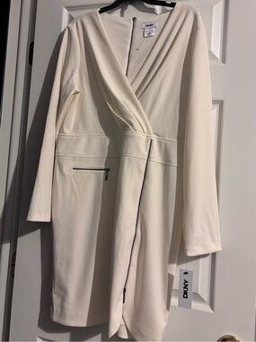 DKNY Cream Draped V-Neck Dress with Exposed Back Zip